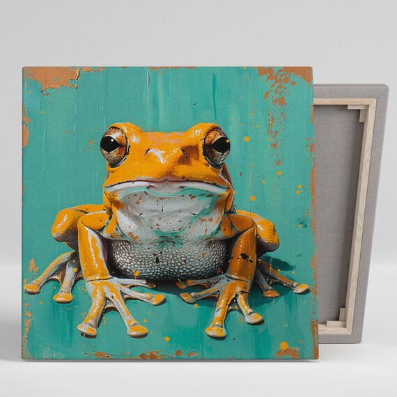 Frog Gaze Art Or Poster Whimsical Nature Decor Living Room Office Childrens Room Bedroom Wall Art Orange Turquoise Brown White