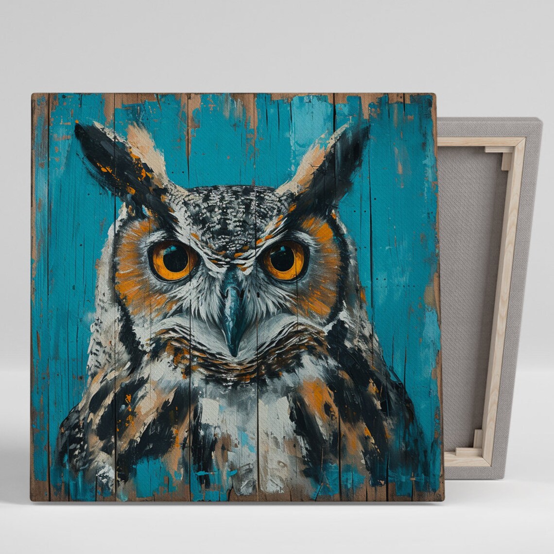 Owl Portrait Turquoise Wood Plank Rustic Contemporary Animal Print