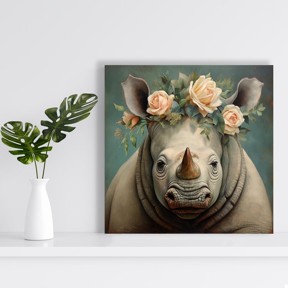 Rhino With Peach Rose Floral Crown Teal Background Whimsical Poster - Image 2