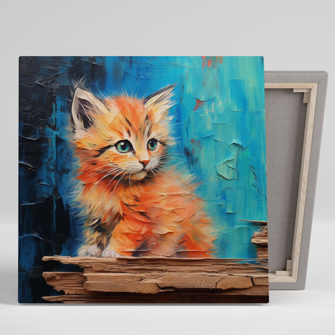 Orange Kitten Impasto Painting Teal Background Cute Cat Wall Poster