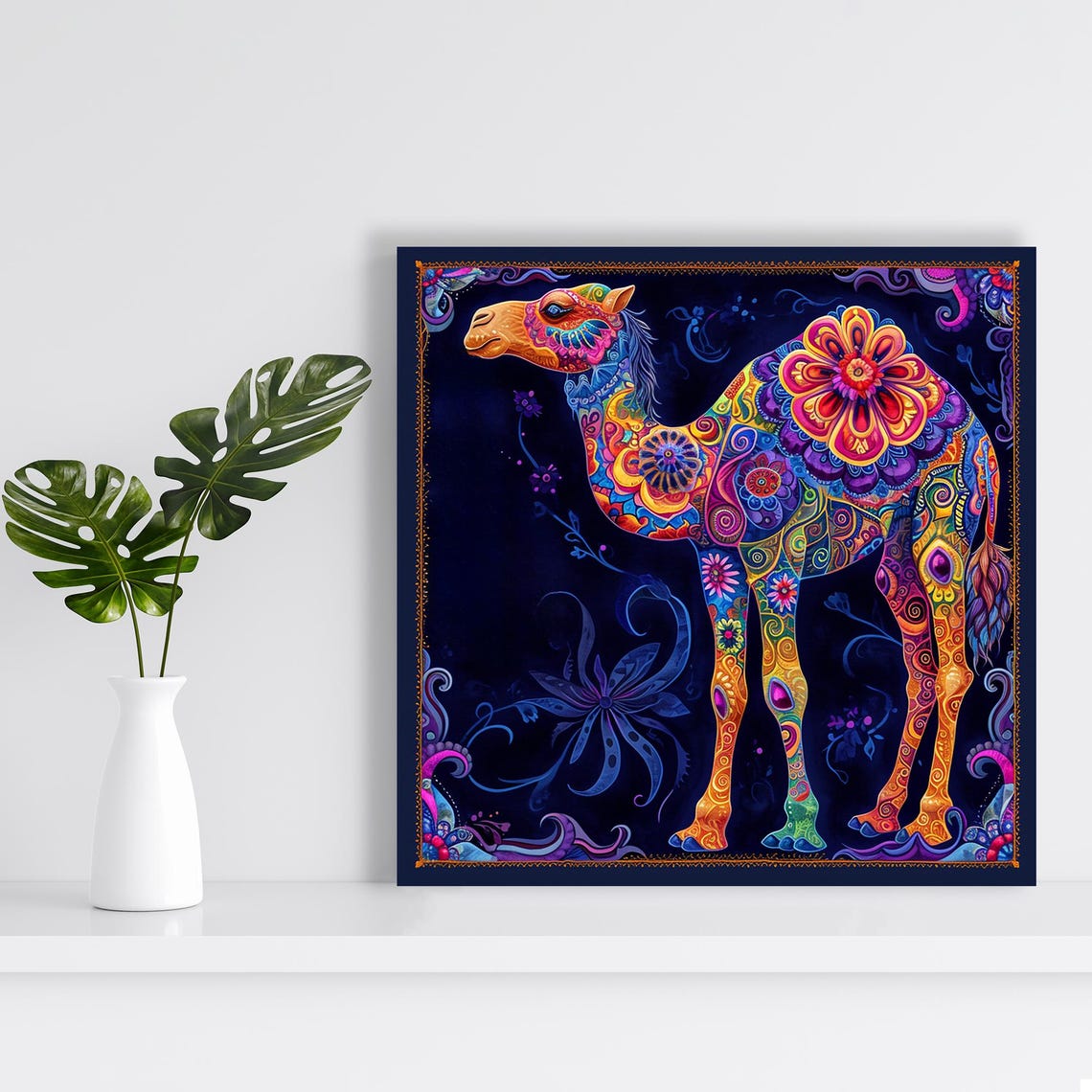 Psychedelic Camel Patterned Dark Background Colorful Animal Art Poster - Image 2