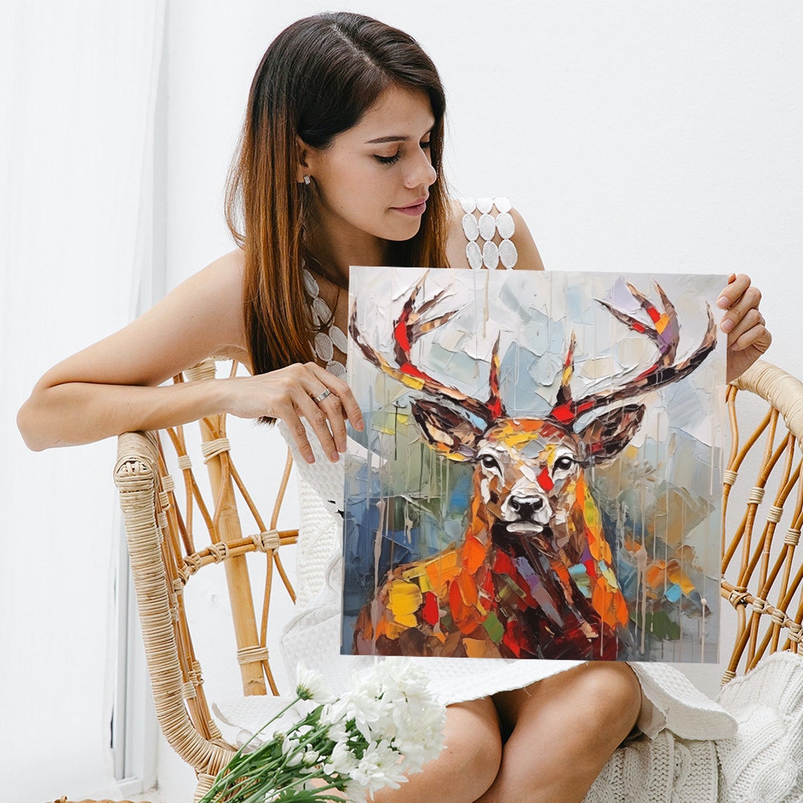 Vibrant Stag Impasto Oil Painting Red Brown Modern Animal Poster - Image 3