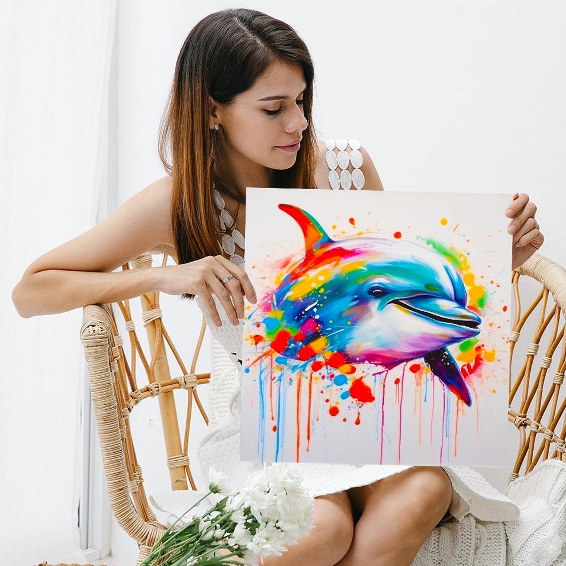 Rainbow Dolphin Splash Watercolor Colorful Ocean Animal Art Poster - Image 3