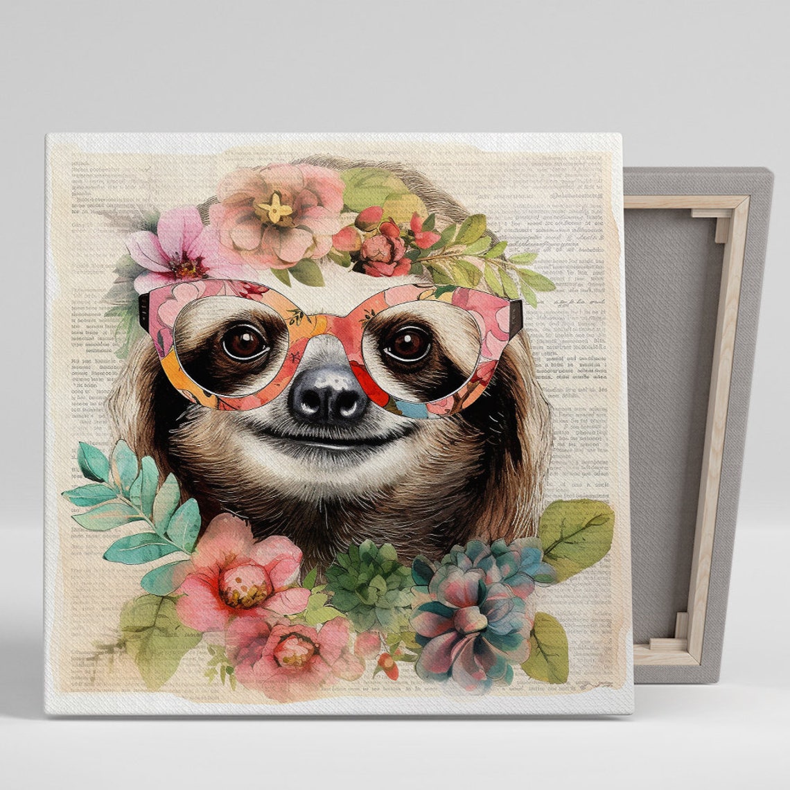 Smiling Sloth Floral Glasses Flower Crown Whimsical Nursery Poster