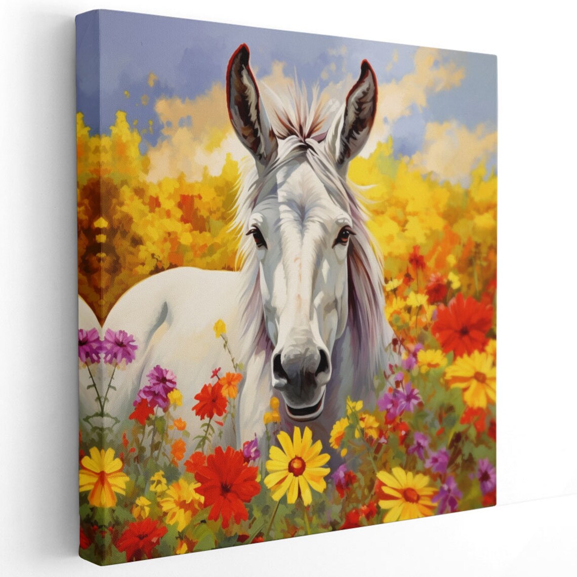 White Donkey In Wildflower Field Sunny Farmhouse Animal Canvas Poster - Image 2