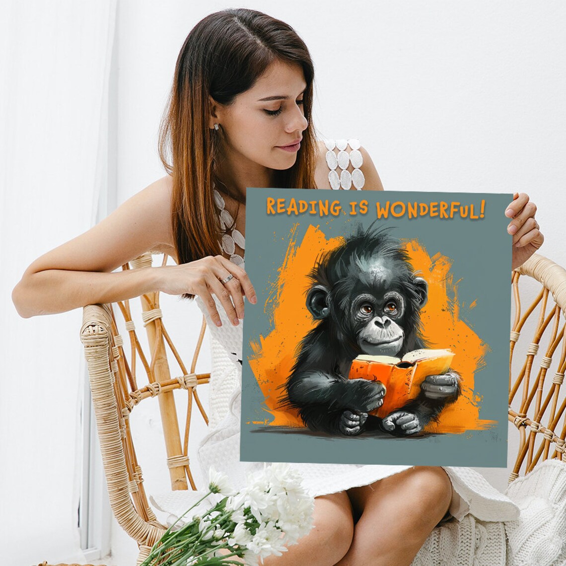 Reading Is Wonderful Baby Gorilla Book Quote Cute Kids Room Poster - Image 3