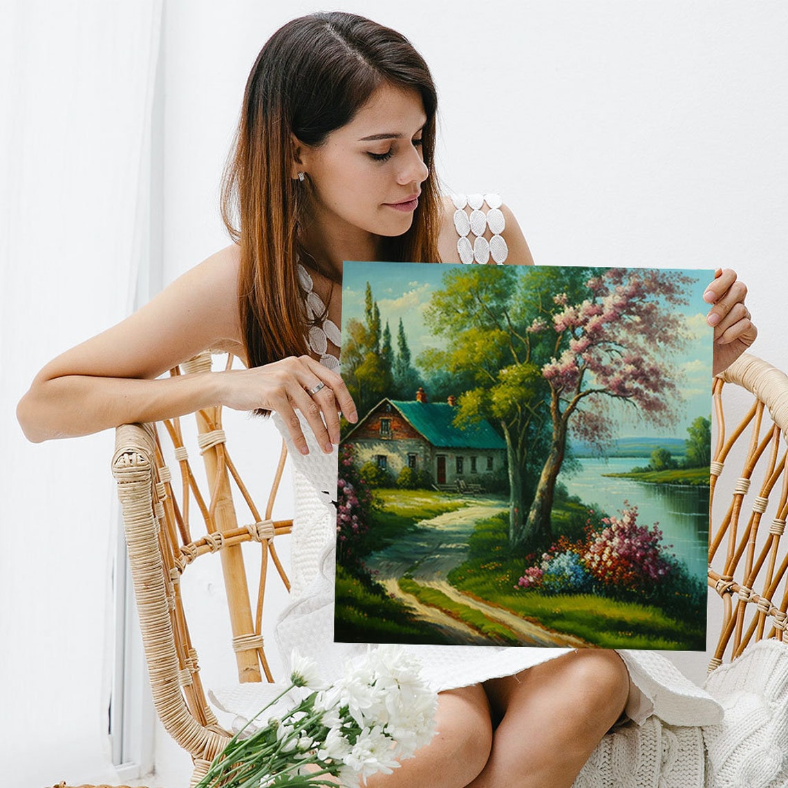 Spring Blossom Cottage Riverside Path Flowering Trees Landscape Poster - Image 3