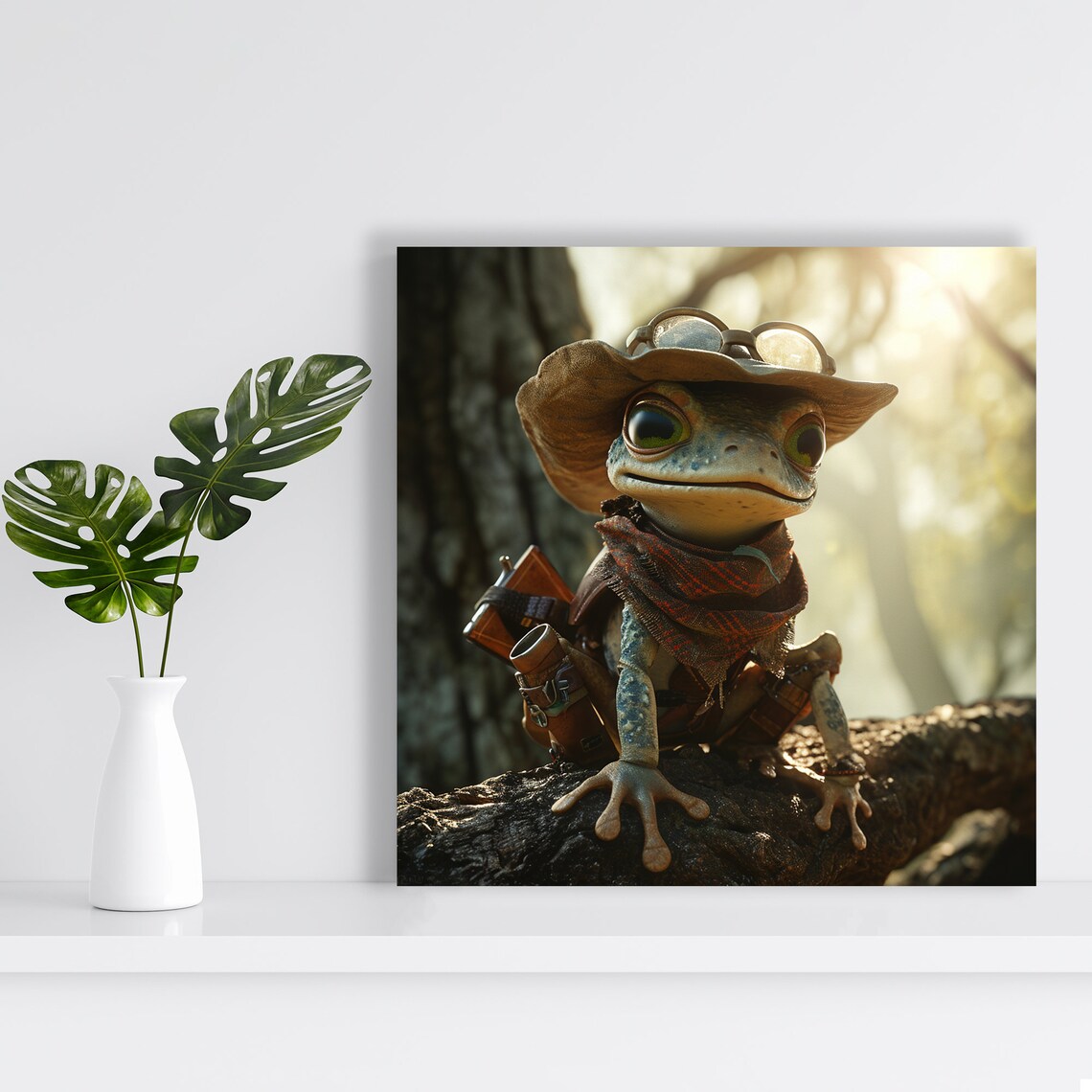 Frog Adventurer Safari Hat Goggles Sunlit Forest Cute Explorer Wall Art - Image 2