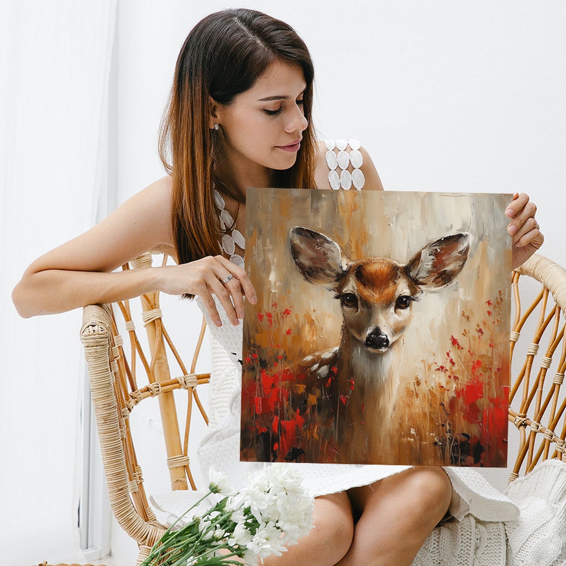 Deer Autumn Foliage Warm Amber Red Painterly Woodland Poster - Image 3