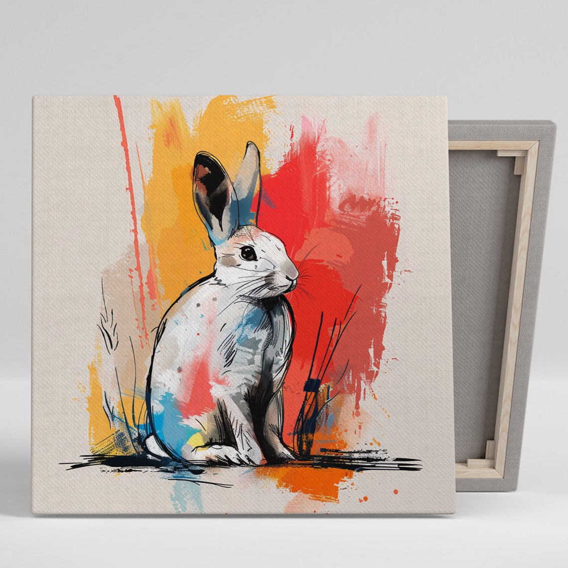 White Rabbit Paint Splash Abstract Whimsical Bunny Wall Art Poster