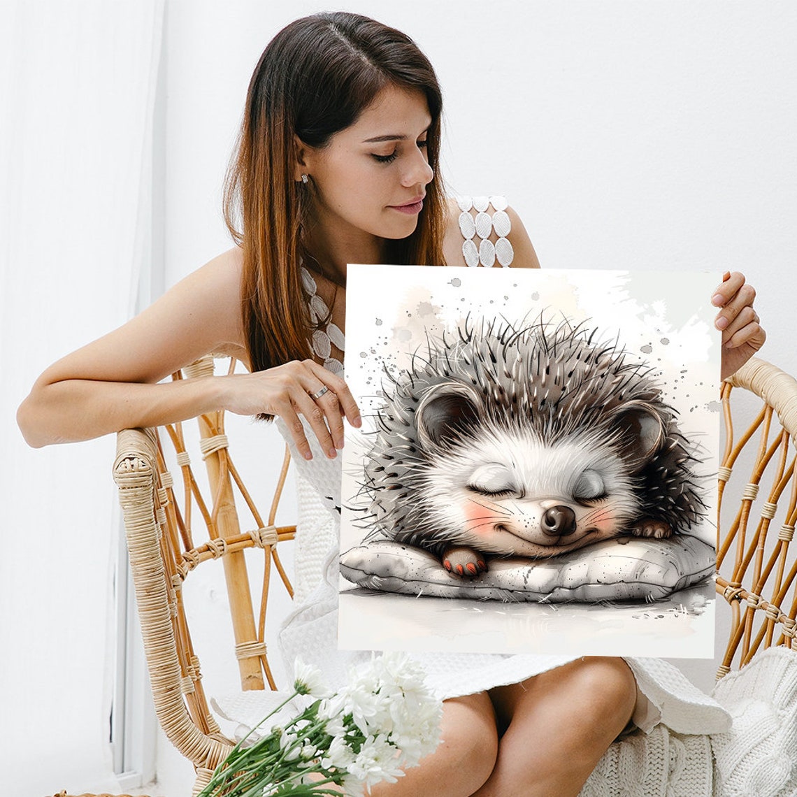 Sleepy Hedgehog Napping on Pillow Soft Watercolor Nursery Wall Art - Image 3