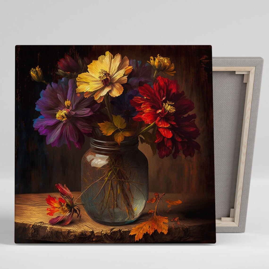 Autumn Flowers In Glass Mason Jar Moody Fall Floral Still Life Poster
