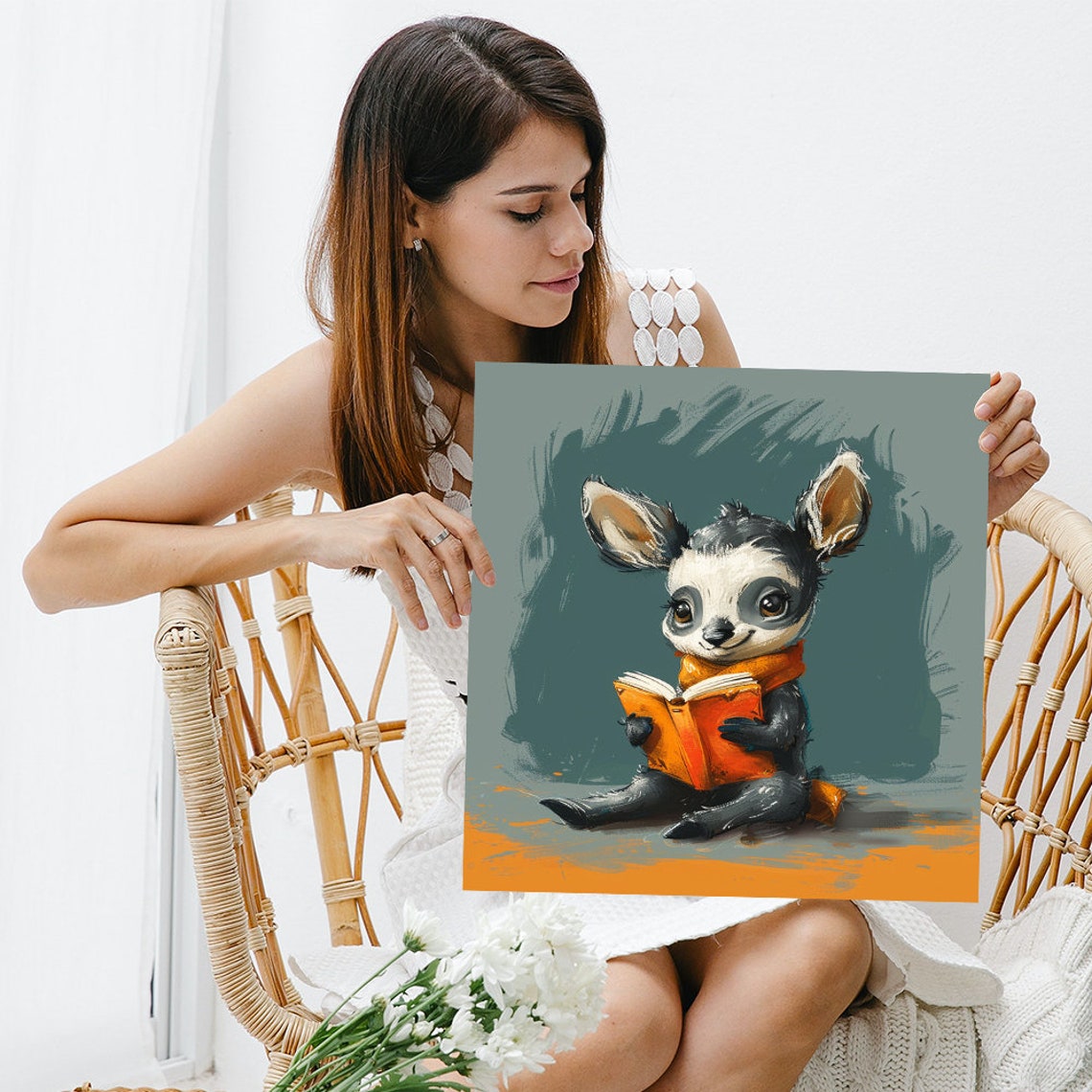 Cute Baby Animal Reading a Book Whimsical Nursery Bookworm Wall Art - Image 3