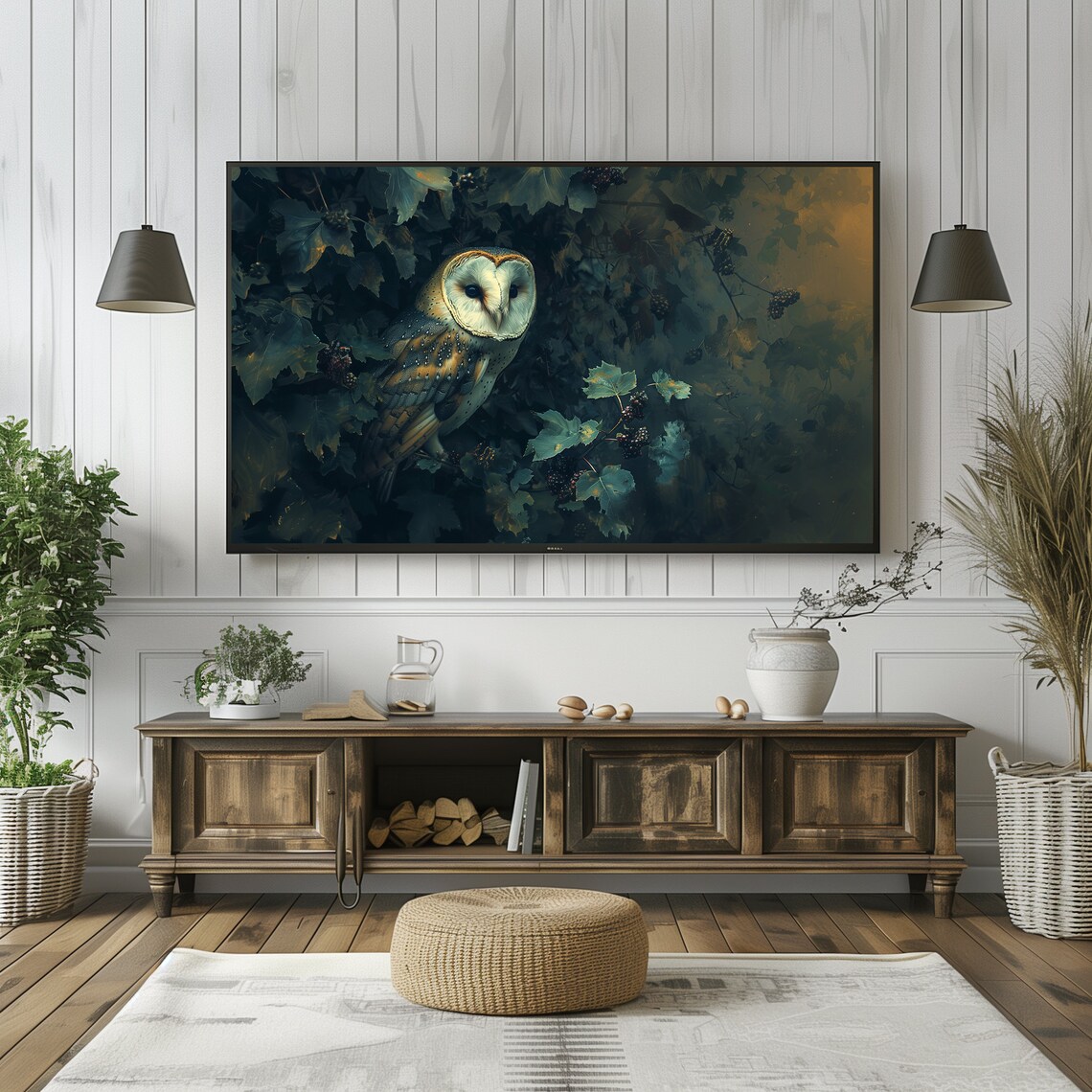 Barn Owl In Dark Ivy Vines Moody Oil Painting For Frame TV Poster - Image 2