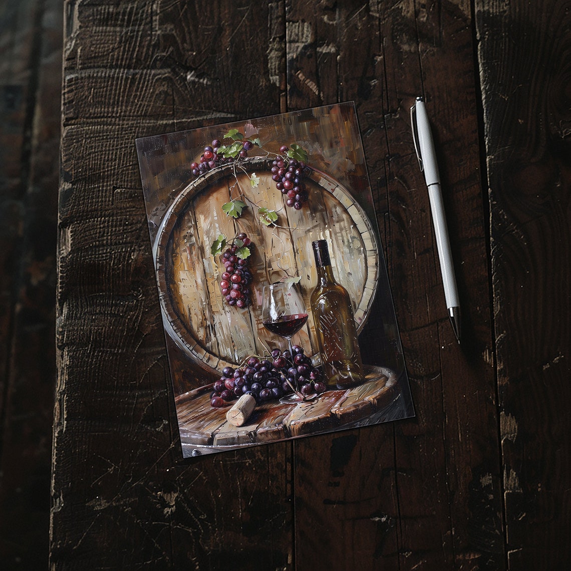 Red Wine Still Life With Barrel Grapes Bottle and Glass Poster - Image 3