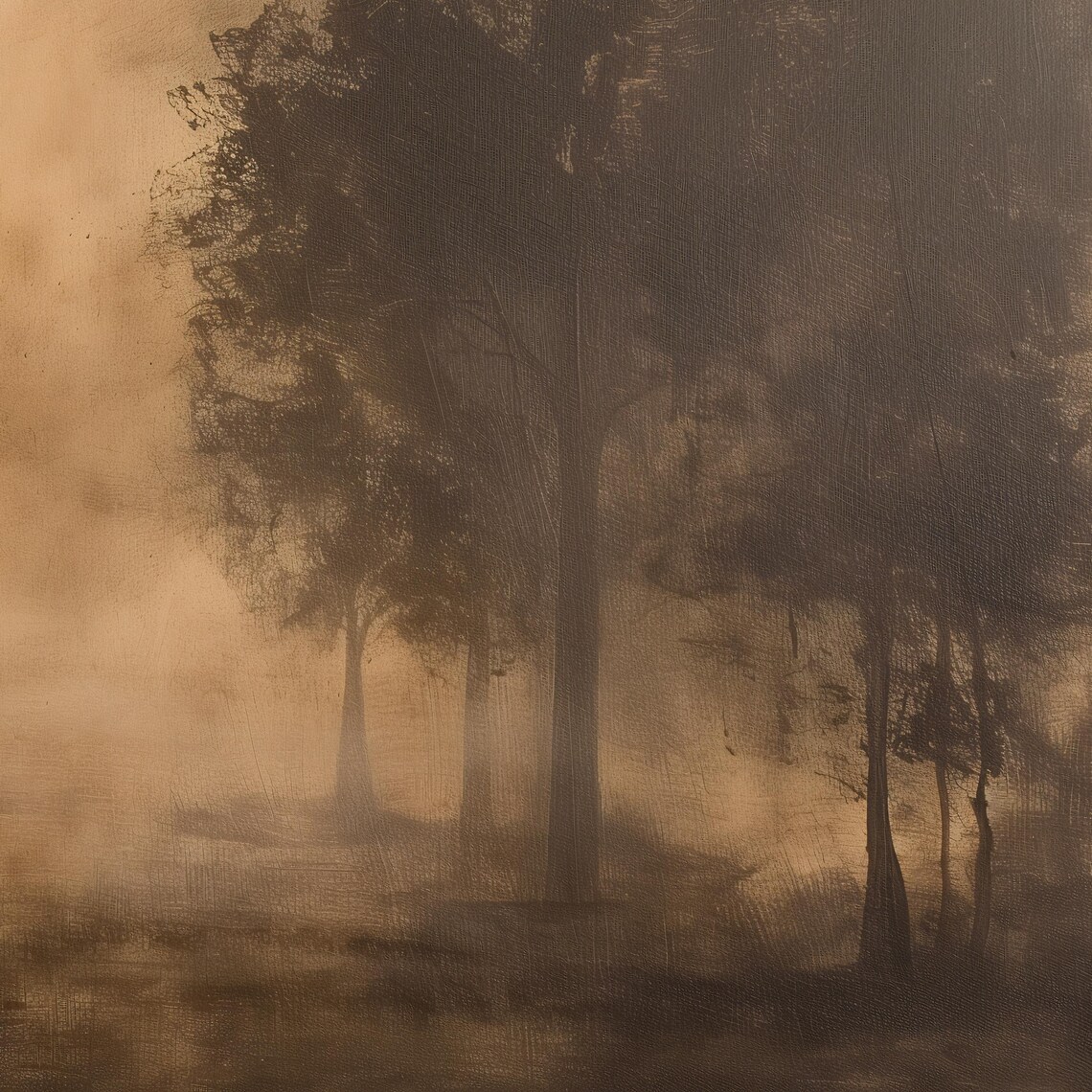 Foggy Sepia Forest Clearing with Tall Trees Moody Tonal Landscape Poster - Image 2