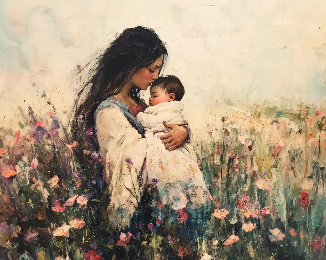 Mother Kissing Her Newborn in a Wildflower Meadow Art Poster - Image 2