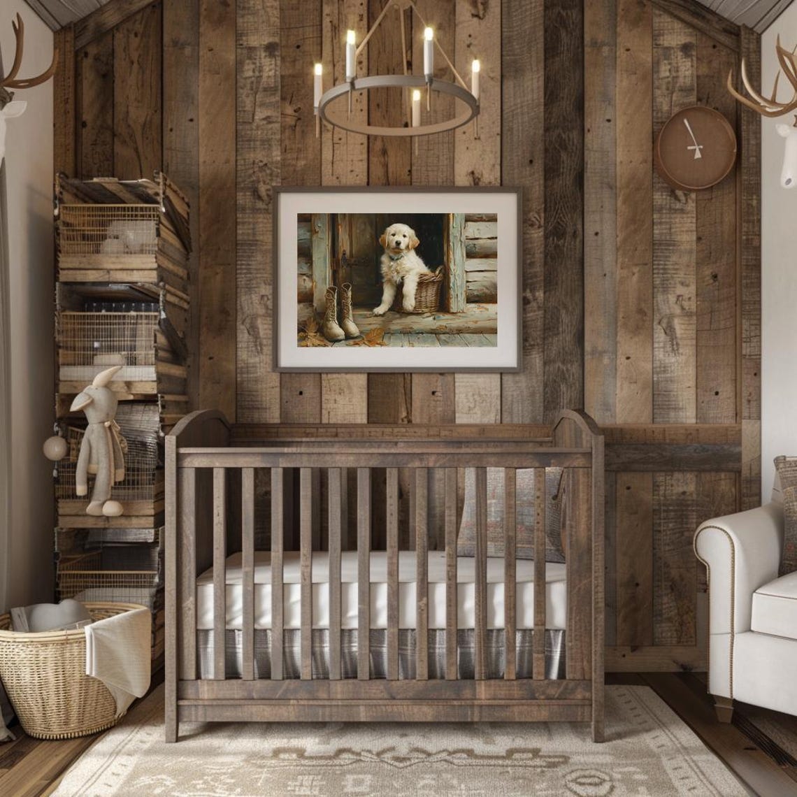 Golden Retriever Puppy in a Basket on a Rustic Cabin Porch Poster - Image 2