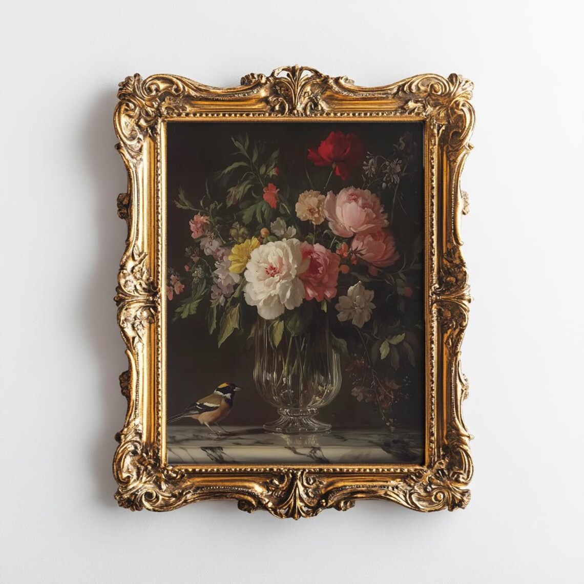 Vintage Floral Still Life With Glass Vase and Small Finch Bird Poster - Image 3