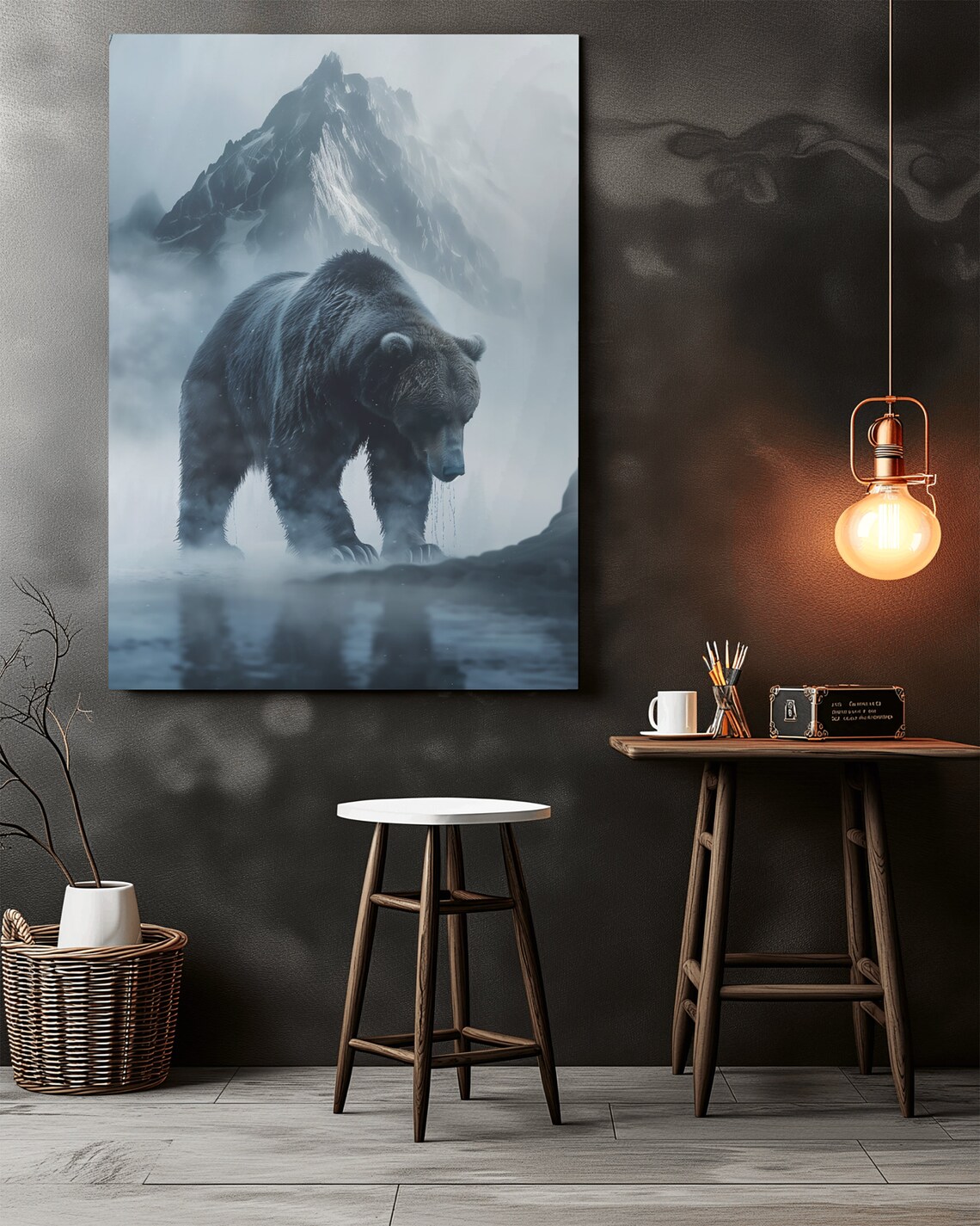Grizzly Bear In Fog Before a Snowy Mountain Peak Wildlife Poster - Image 2