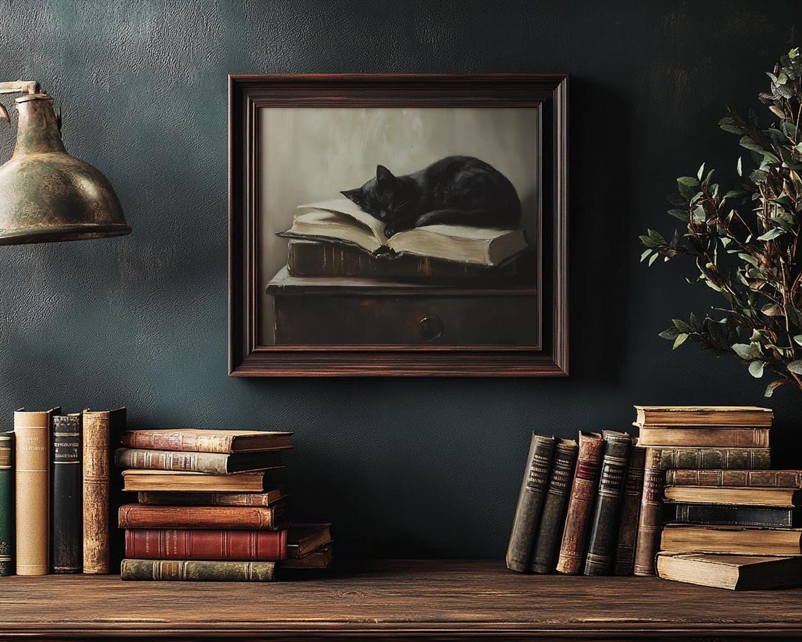 Black Cat Sleeping Curled on an Open Stack of Old Books Poster - Image 4