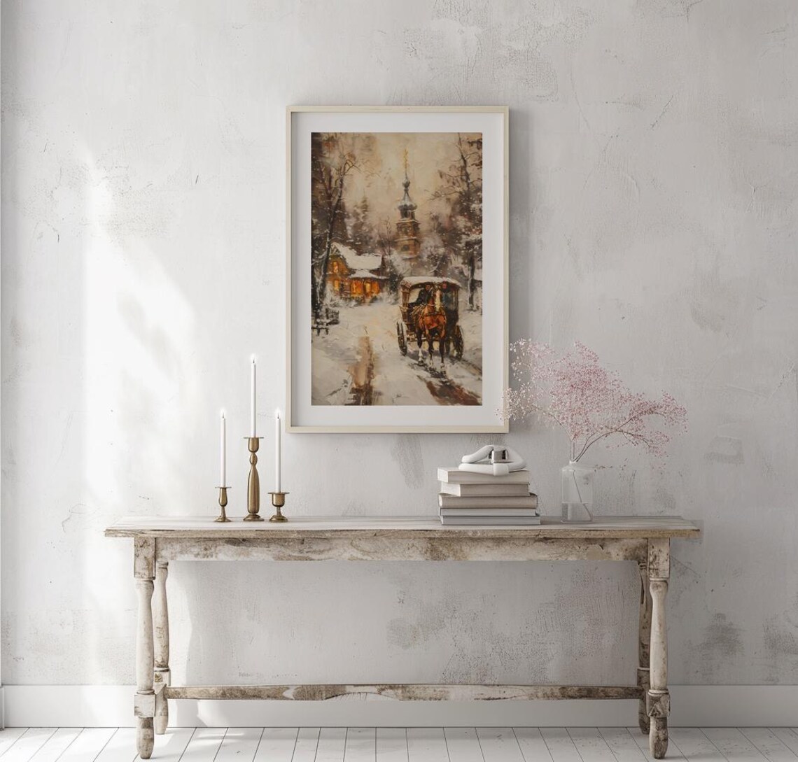 Horse Drawn Sleigh in Snowy Village Church Winter Scene Poster - Image 2