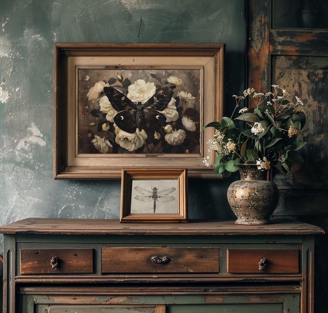 Black Moth Among Ivory White Roses Moody Botanical Still Life Poster - Image 4