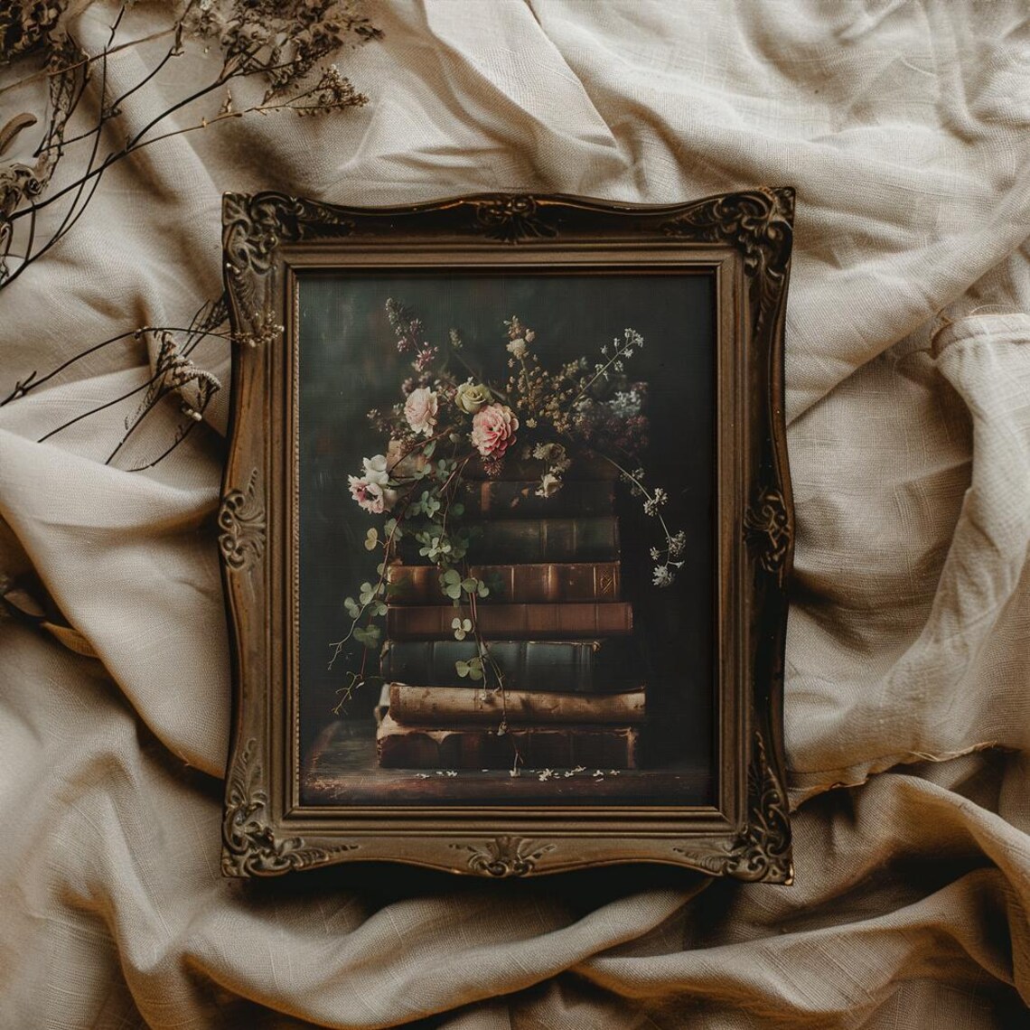Stack of Antique Books with Roses Flowers Dark Floral Poster - Image 3