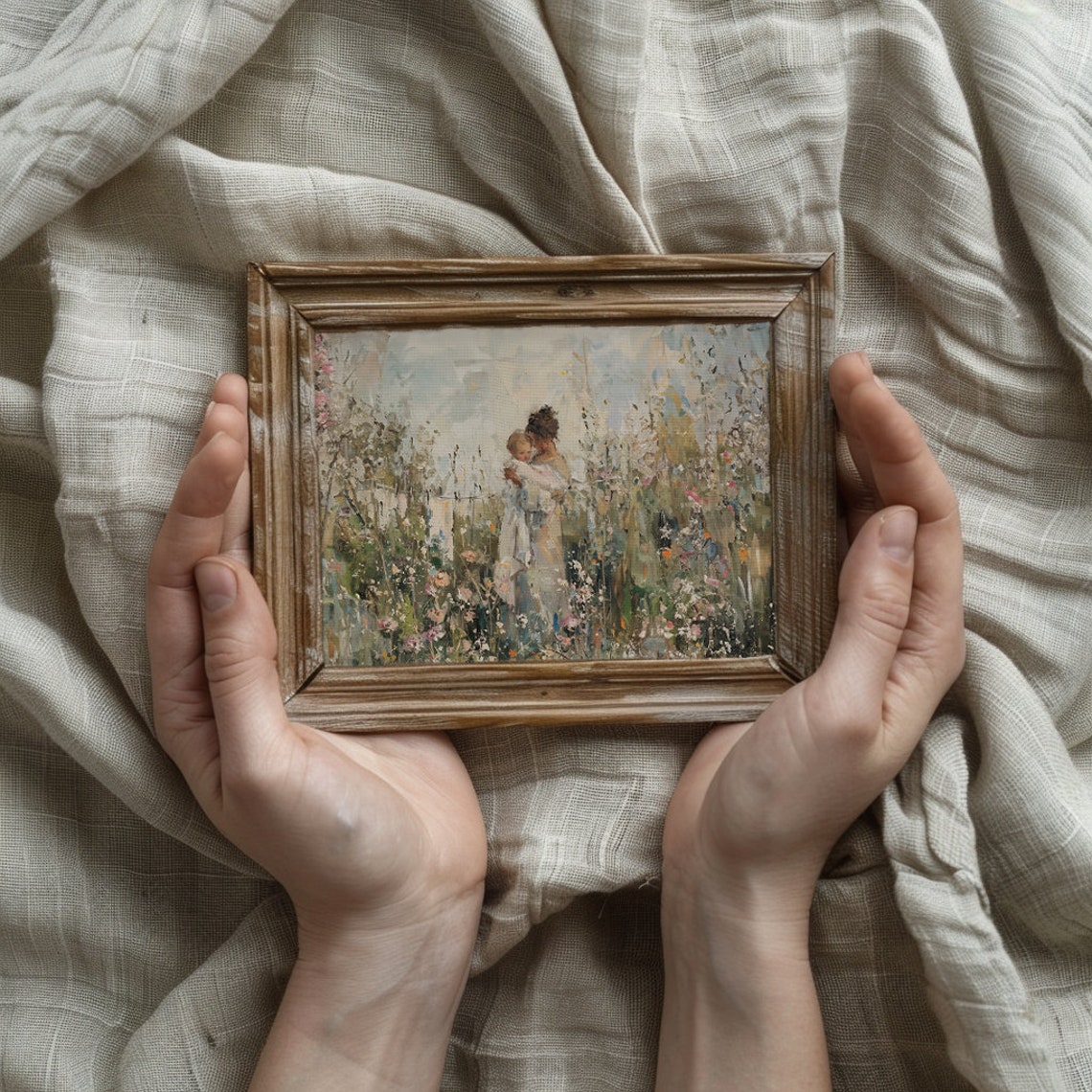 Mother and Child in a Soft Wildflower Meadow Impressionist Poster - Image 3