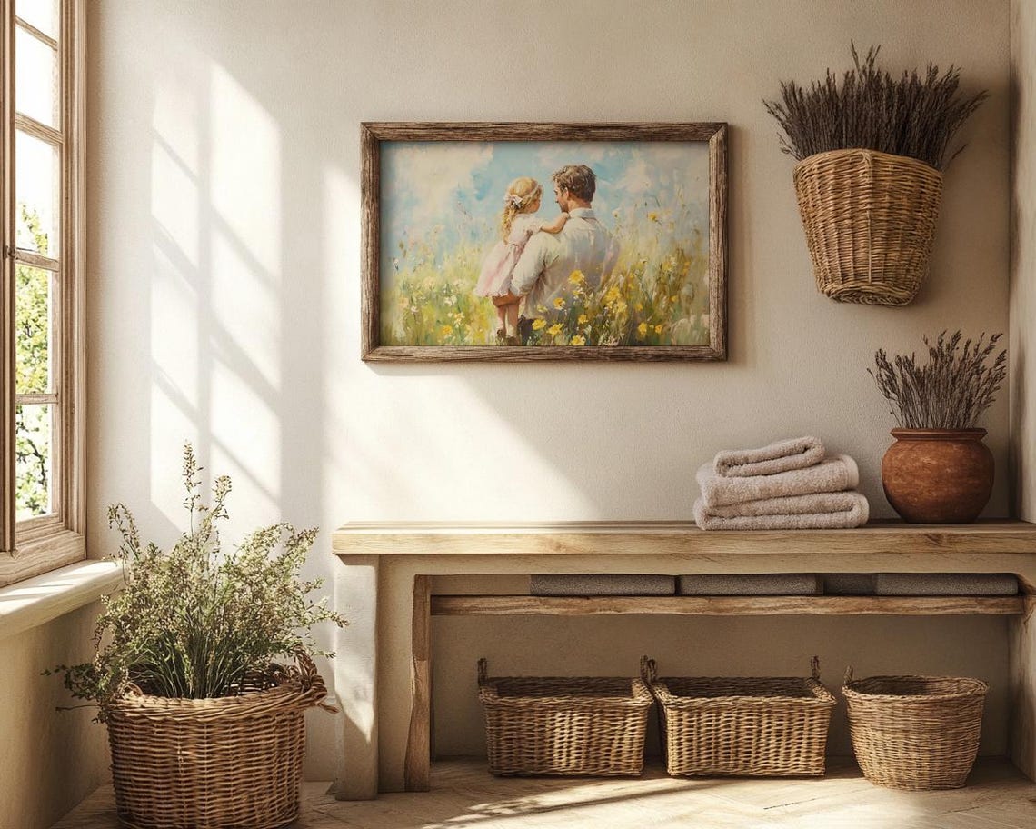 Father Carrying Daughter Through Summer Wildflower Meadow Wall Poster - Image 3