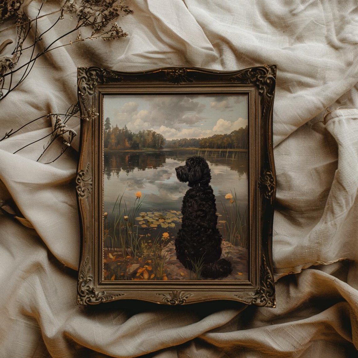Black Curly Dog Sitting By Autumn Lake Lily Pads Vintage Poster - Image 4