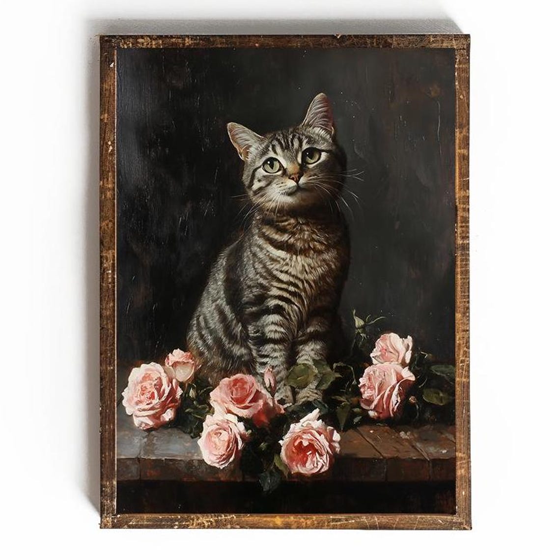 Tabby Cat Among Pink Roses Dark Vintage Cat Painting Art Poster