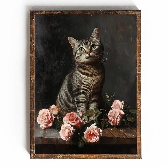 Tabby Cat Among Pink Roses Dark Vintage Cat Painting Art Poster