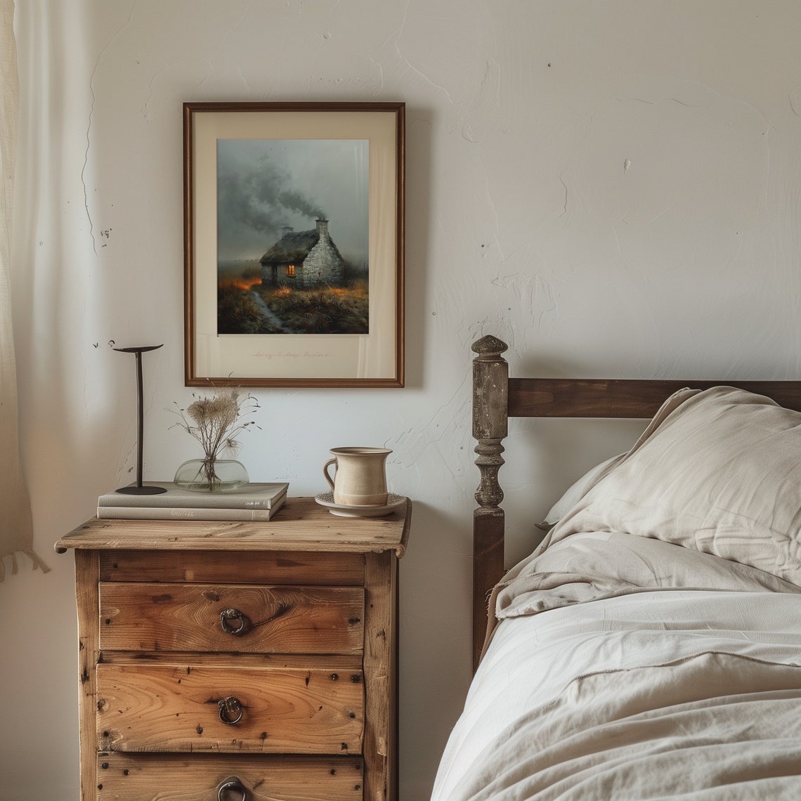 Misty Stone Cottage with Thatched Roof at Dusk Vintage Poster - Image 3