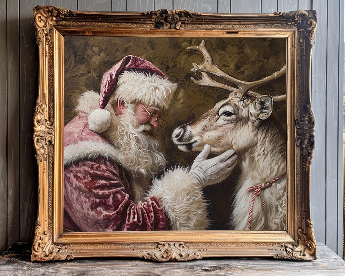 Santa Claus Wall Art Santa And Reindeer Painting Print Vintage Christmas Pink Christmas Wall Decor Reindeer Print Pink Holiday Art