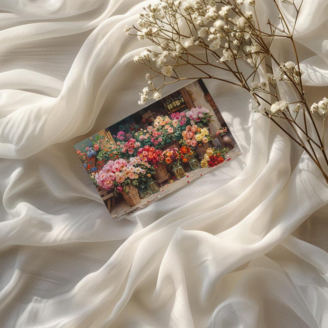 Colorful Flower Market Stall with Baskets of Fresh Blooms Poster - Image 3