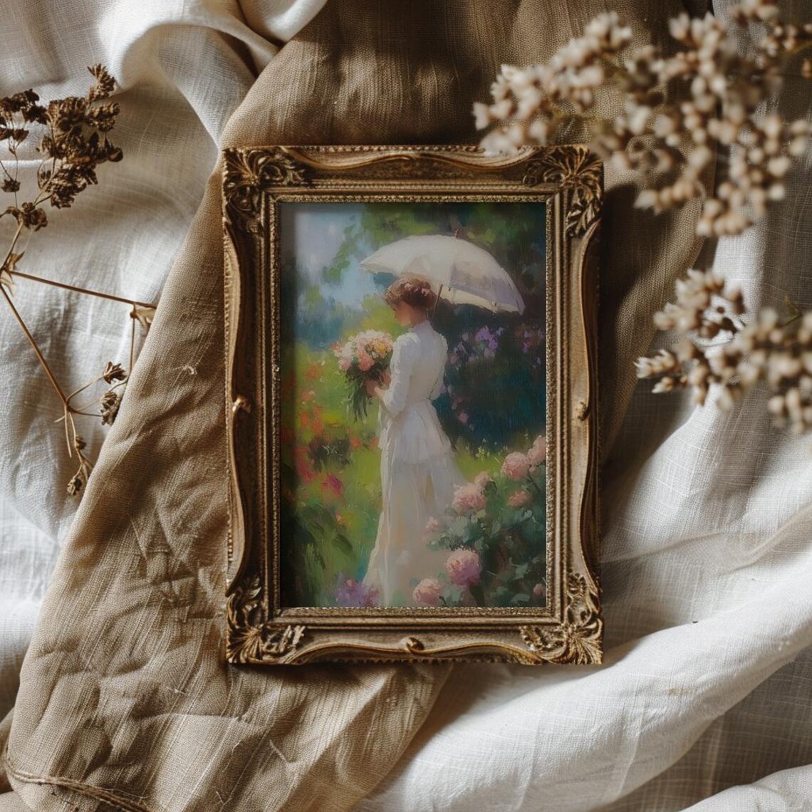 Woman with a Parasol in a Summer Rose Garden Painting Poster - Image 4