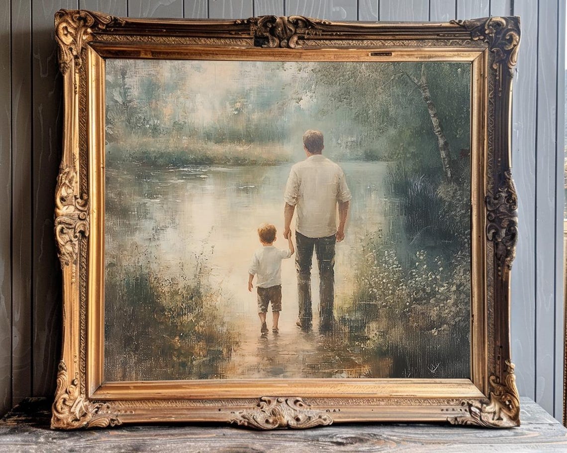 Father and Son Walking Hand in Hand by the Misty Lake Poster