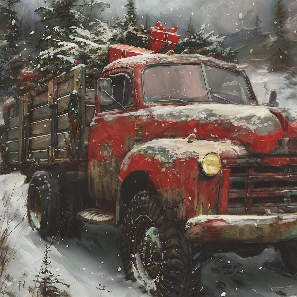 Red Vintage Truck Hauling Christmas Tree Through Snowy Pines Poster - Image 2