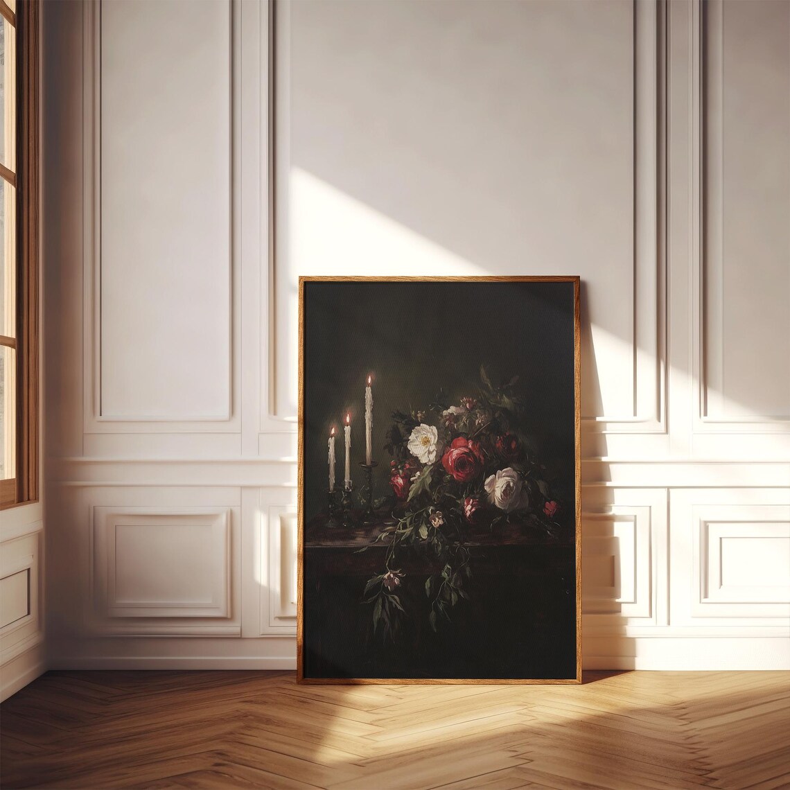 Moody Bouquet of Roses With Three Lit Candles Dark Floral Art Poster - Image 3