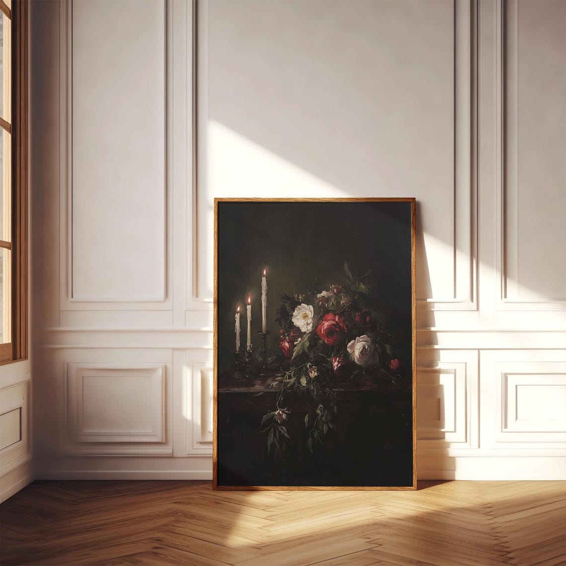 Three Lit Candles with Red and White Roses Dark Still Life Poster - Image 4