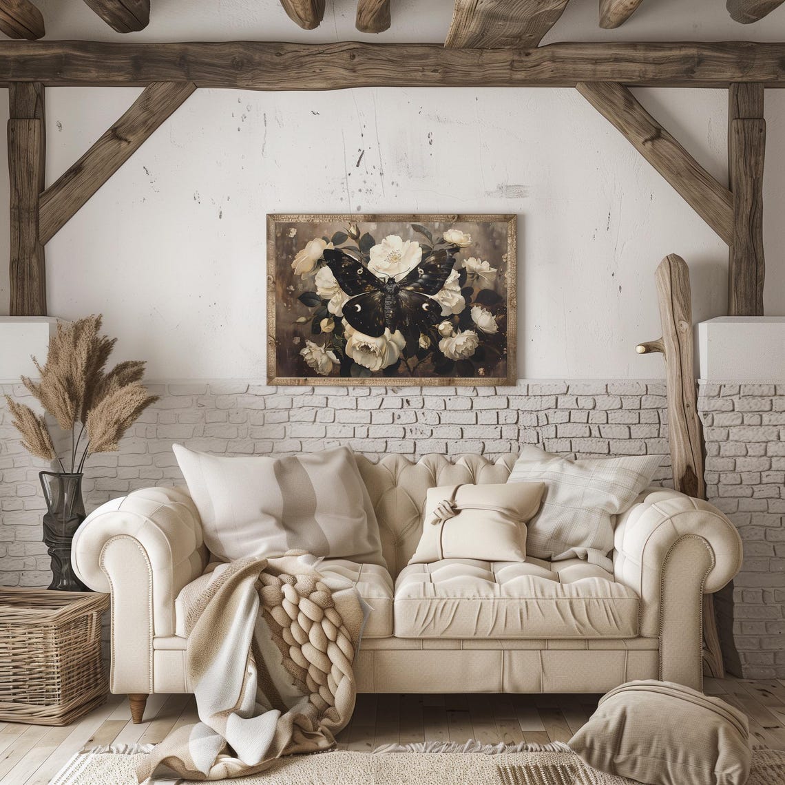 Black Moth Among Ivory White Roses Moody Botanical Still Life Poster - Image 2