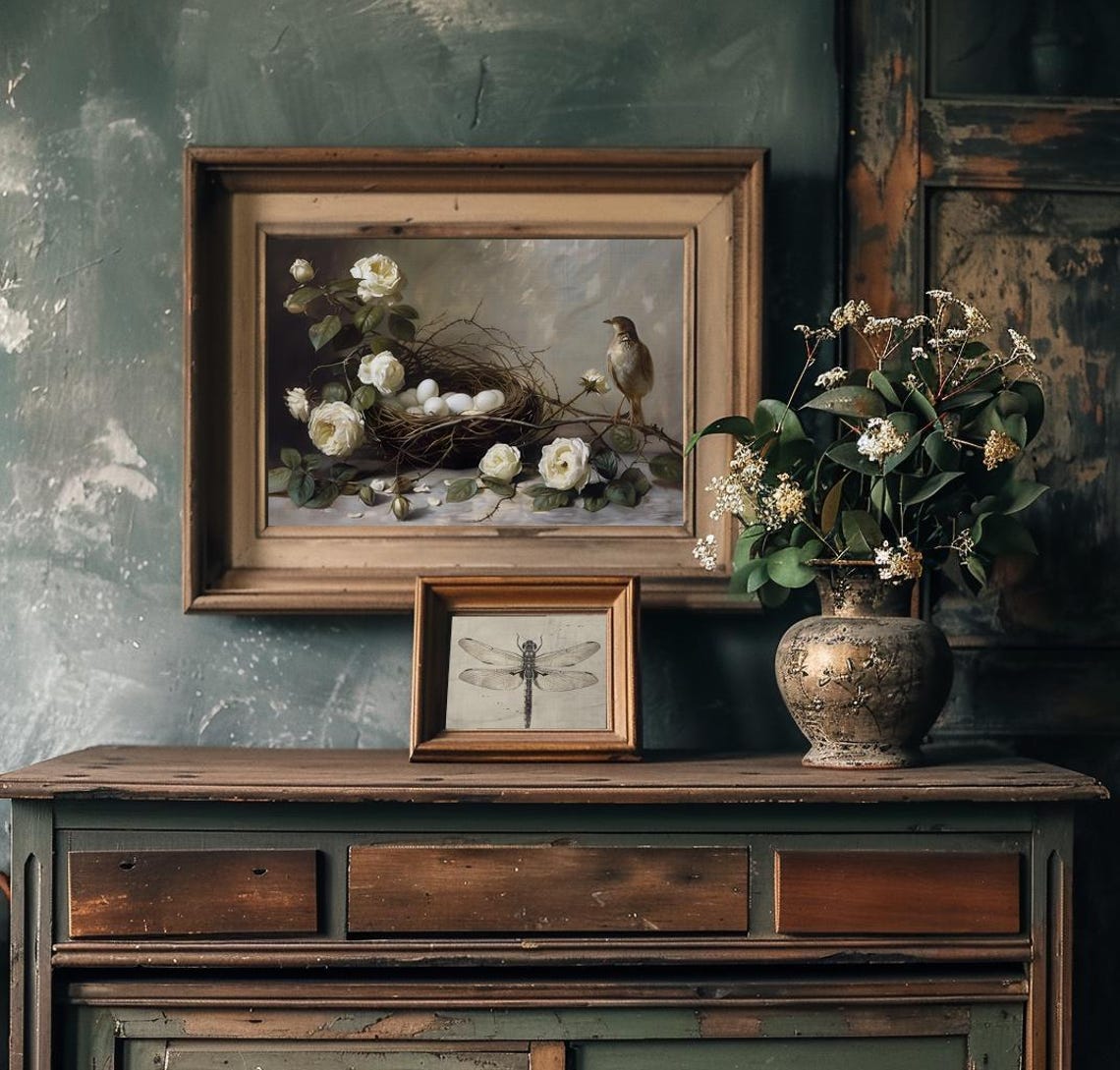Bird Nest with White Eggs Among Ivory Roses Vintage Still Life Poster - Image 2