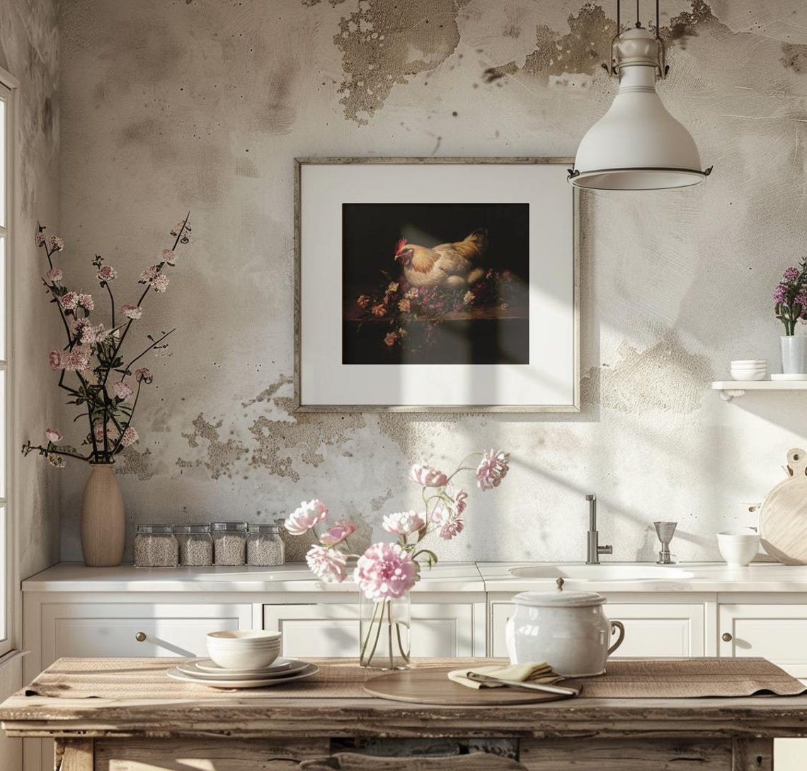 Golden Hen on a Rustic Table with Dark Red Flowers Moody Poster - Image 3
