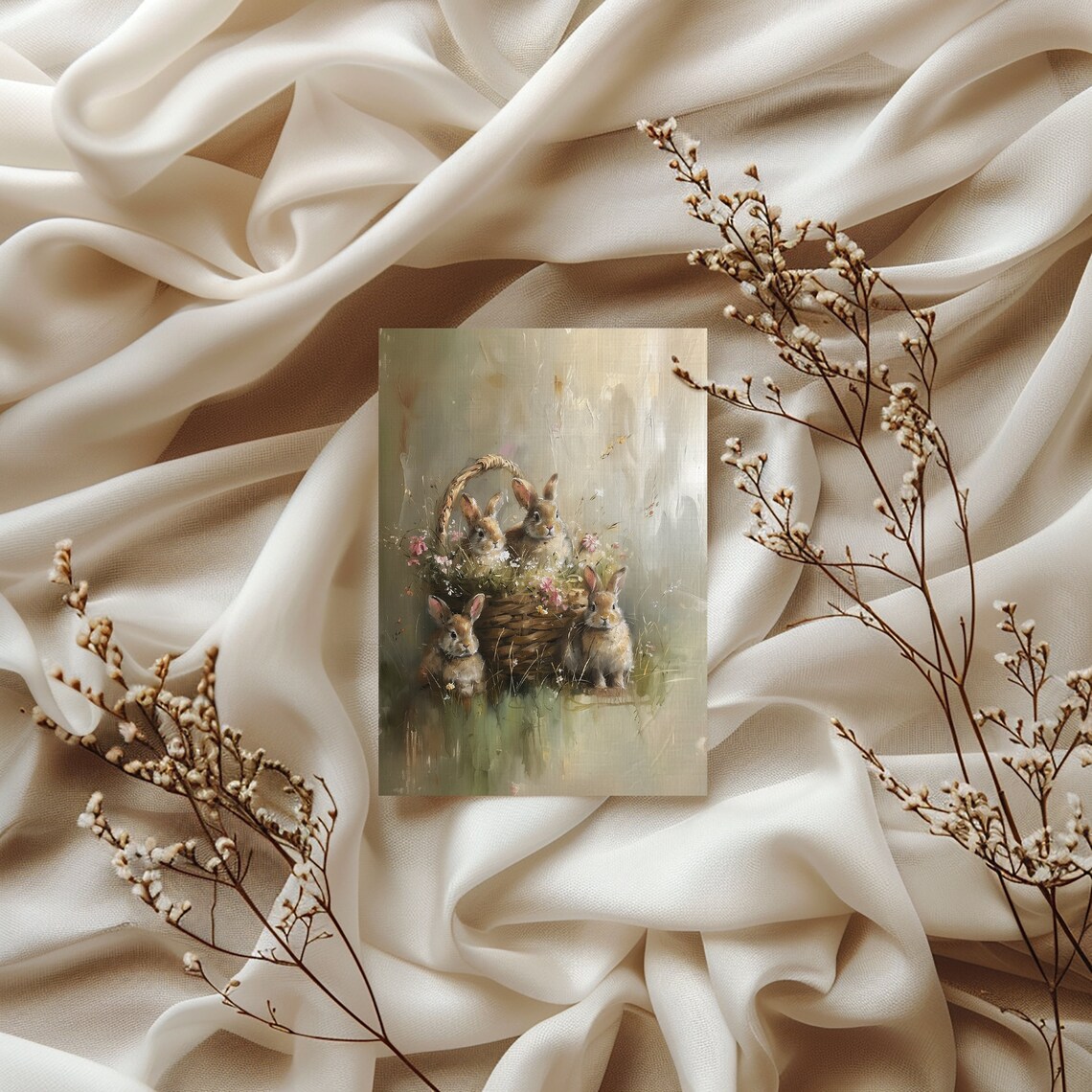 Four Cute Spring Baby Bunnies with a Basket of Wildflowers Poster - Image 2