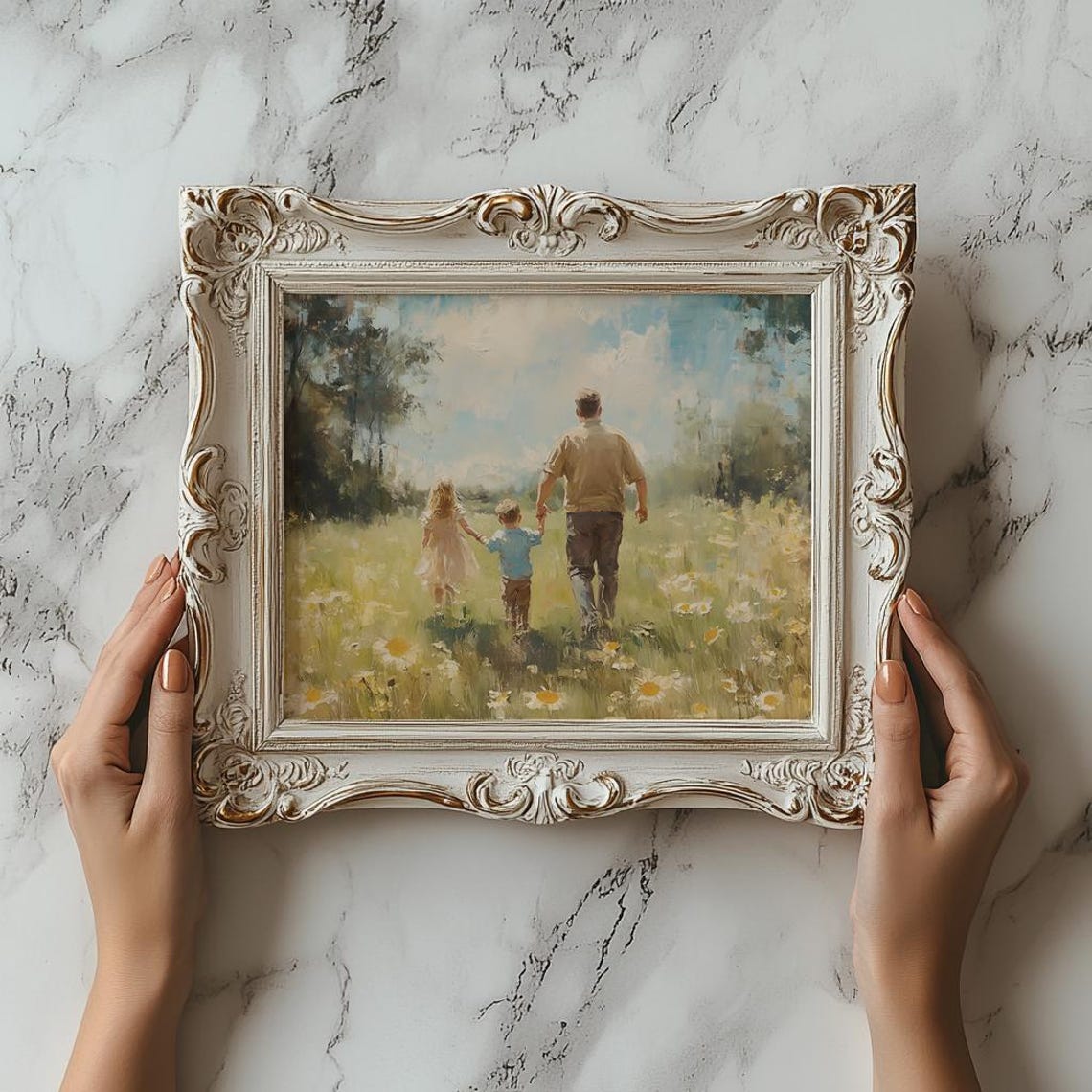 Father Walking With Two Children in Wildflower Meadow Poster - Image 3