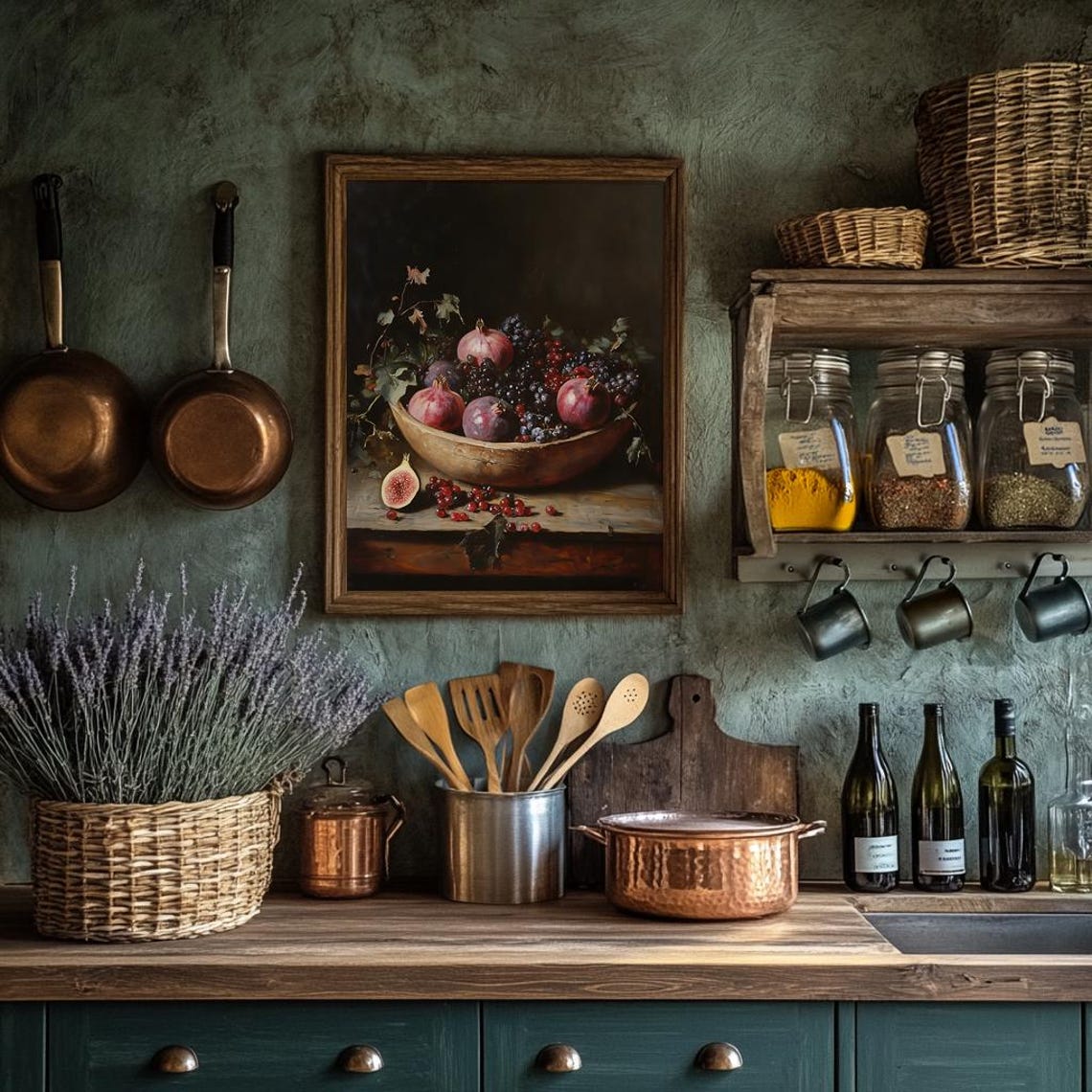 Pomegranate Fig And Currant Still Life In Bowl Dark Art Poster - Image 3