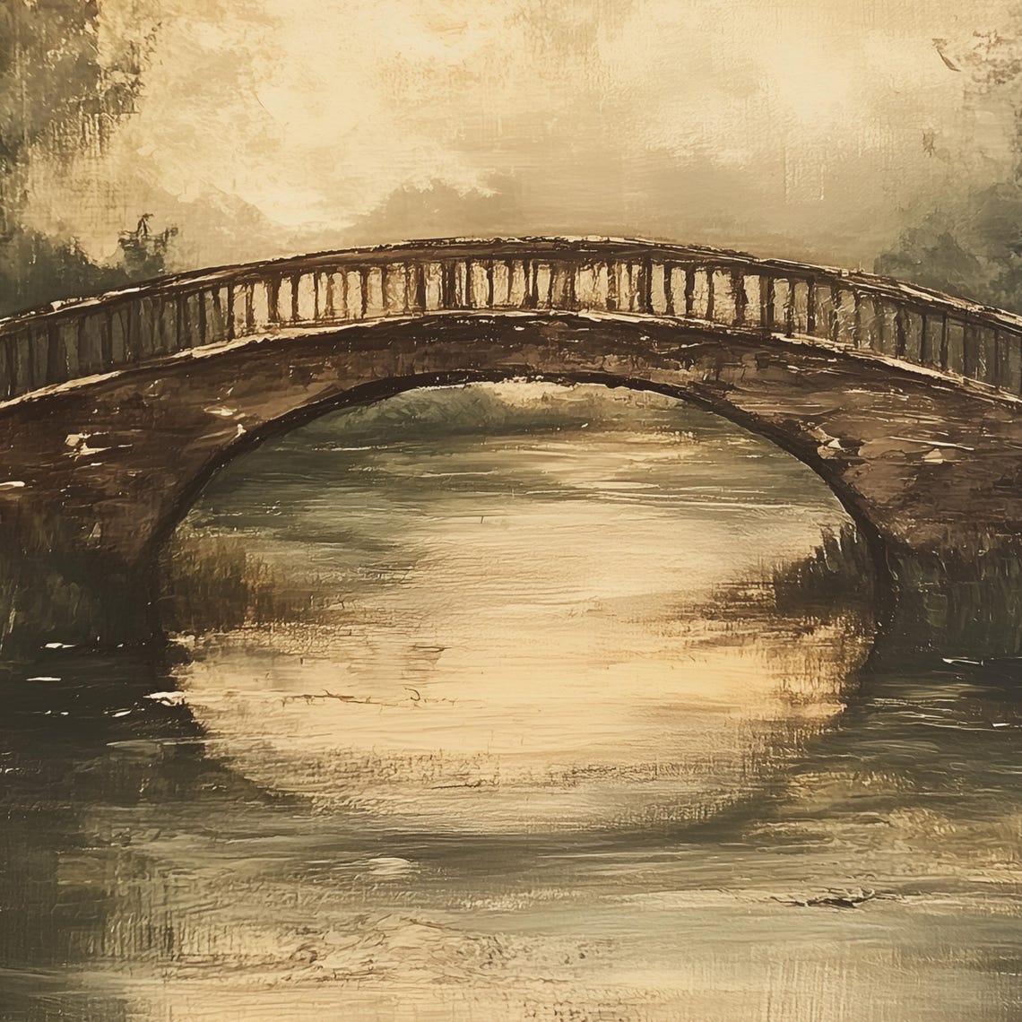 Stone Arch Bridge over a Misty River Vintage Painting Poster - Image 3
