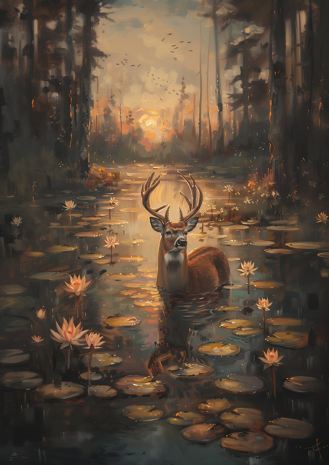 Whitetail Buck Standing in a Water Lily Pond at Sunset Poster - Image 2