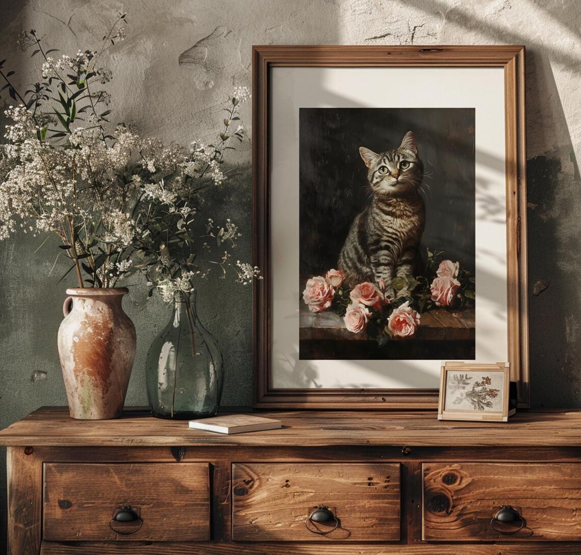 Tabby Cat Sitting Among Pink Roses in an Ornate Gold Frame Poster - Image 2